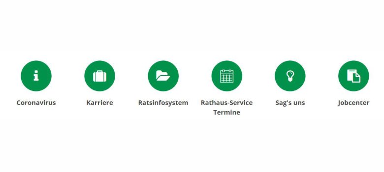 Grüne Navigationspunkte: Coronavirus, Karriere, Ratsinfosystem, Rathaus-Service Termine, Sag's uns, Jobcenter.