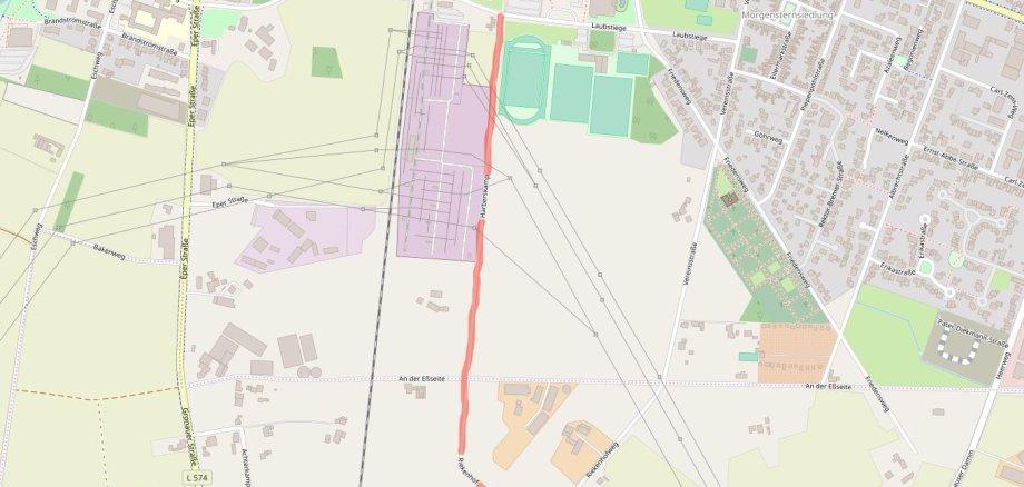 Auf einem Stadtplan ist der Haberskamp rot eingezeichnet.