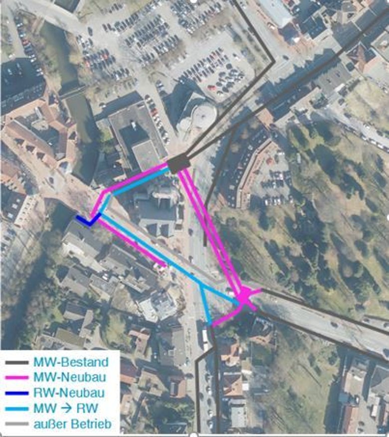 Luftbildaufnahme mit Übersicht der geplanten Kanalbaumaßnahme des ersten Bauabschnittes