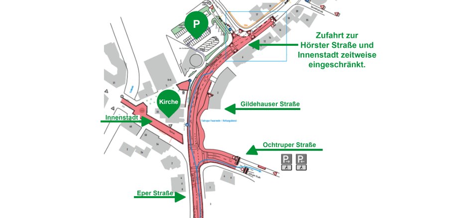 Stadtplan Vollsperrung der Gildehauser Straße 