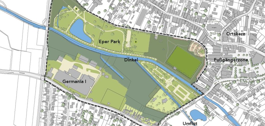 Plan des Germania-Quartiers und des Gemeindeparks Epe, das mithilfe des Integrierten Städtebaulichen Entwicklungskonzeptes neu gestaltet werden soll.