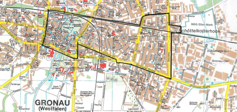 Ein Stadtplan von Gronau, auf dem gekennzeichnet ist, in welchem Gebiet die Wasserrohre gereinigt werden 