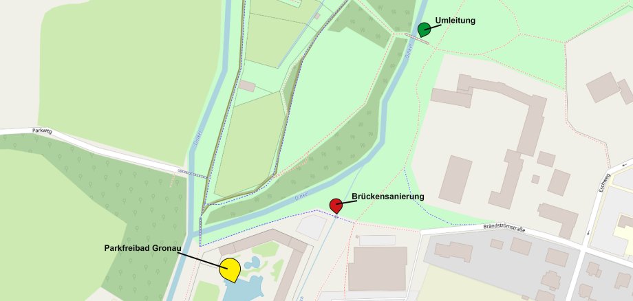 Die Brücke am Parkfreibad wird erneuert. Die Umleitung erfolgt über die Rad- und Fusswegumflutbrücke 1 Stadtpark Gronau